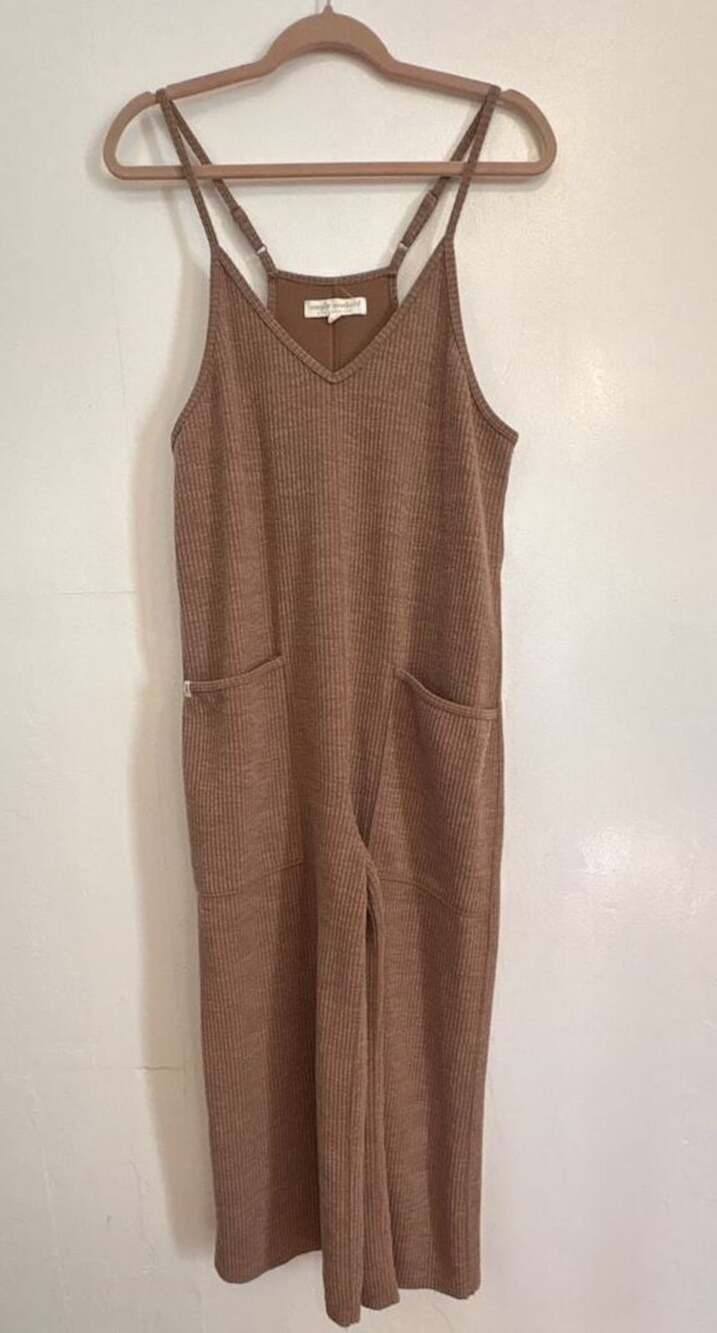 Simply Southern Ribbed Jumpsuit Women’s S Brown Taupe Fall Wide Leg Pockets